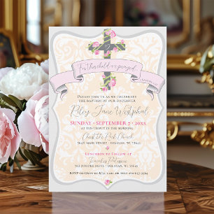 Invitation Écriture Croix Florale Damask Baby Girl Baptism