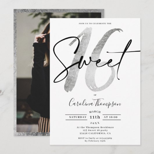 Invitation Écriture de bordure argent fillette photo Sweet 16 (Devant / Derrière)