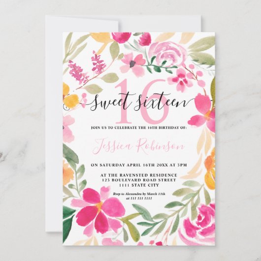 Invitation Écriture de couronne d'aquarelle rose fleurie Swee (Devant)