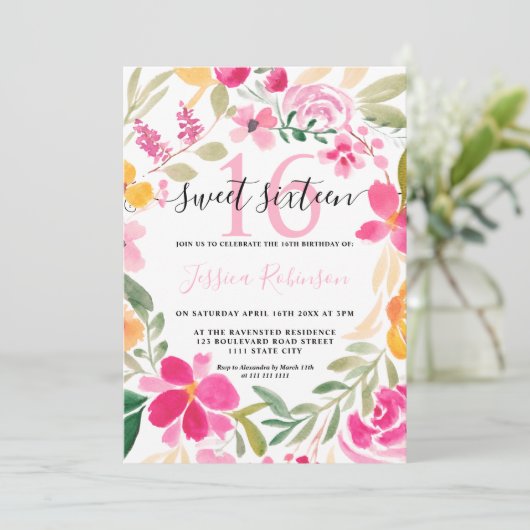 Invitation Écriture de couronne d'aquarelle rose fleurie Swee (Debout devant)