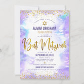 Invitation Écriture de feuille d'or de couleur violet bat mit (Devant)