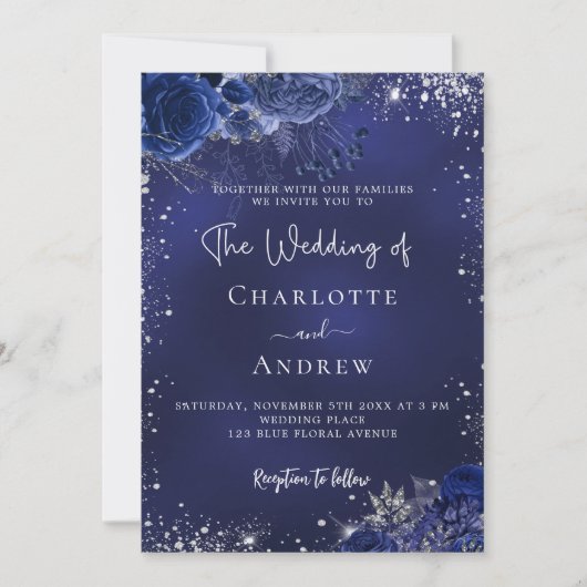 Invitation Écriture de fleurs bleu marine argent mariage de l (Devant)