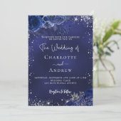 Invitation Écriture de fleurs bleu marine argent mariage de l (Debout devant)