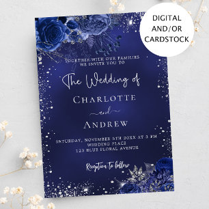 Invitation Écriture de fleurs bleu marine en argent mariage