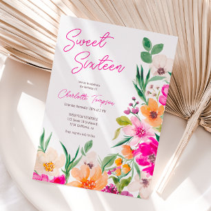 Invitation Écriture de fleurs sauvages brillantes Sweet 16