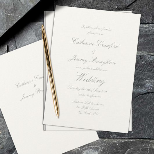 Invitation Écriture de mariage classique sur lin blanc crémeu