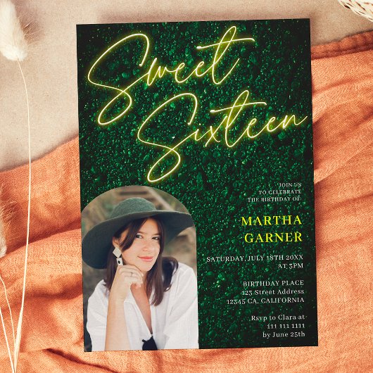 Invitation Écriture de signe jaune néon arche photo verte Swe