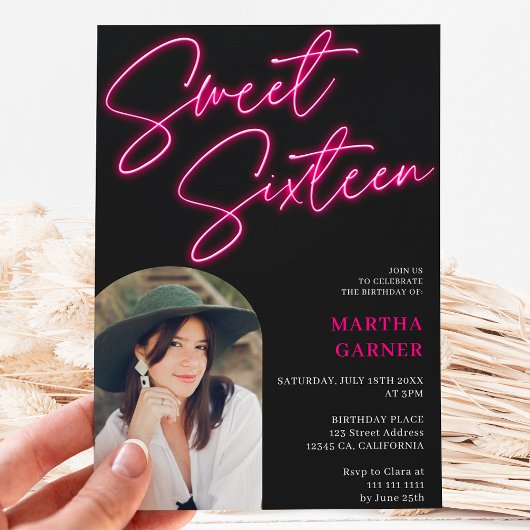 Invitation Écriture de signe rose néon amusant arche photo Sw