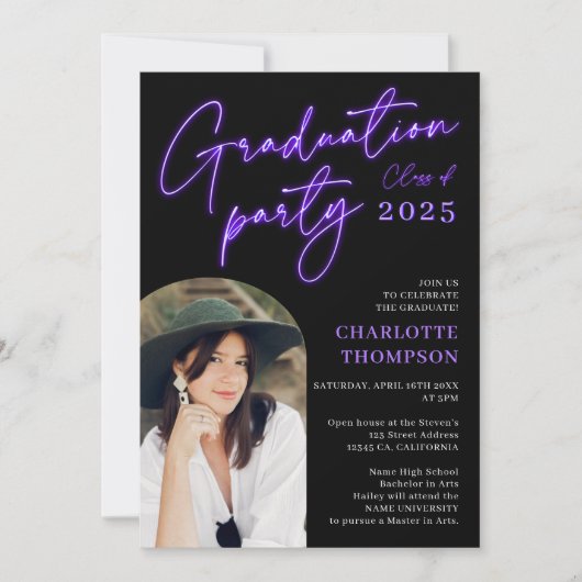 Invitation Ecriture de signe violet de néon fun graduation ph (Devant)