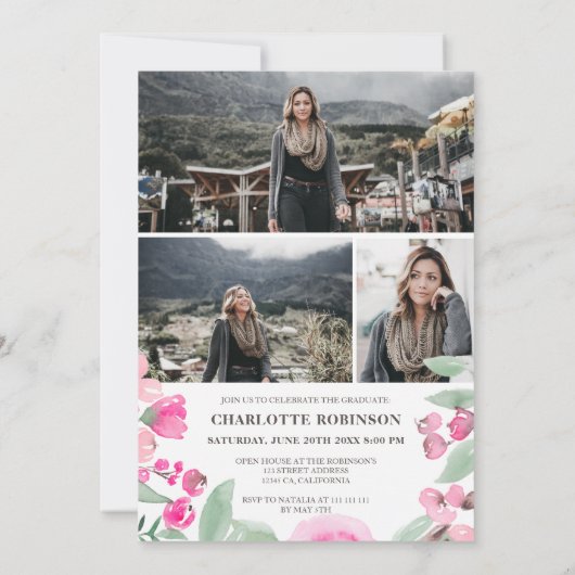 Invitation Écriture de verdure rose vif graduation photo (Dos)