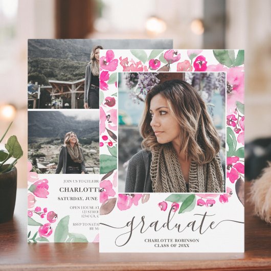 Invitation Écriture de verdure rose vif graduation photo