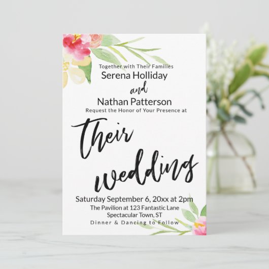 Invitation Écriture décontractée Aquarelle Fleurs Mariage (Debout devant)