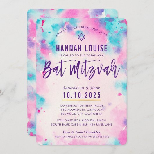 Invitation Écriture d'or rose violet bat mitzvah (Devant / Derrière)