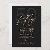 Invitation Écriture dorée Cinquante Moderne Noir Fête d'anniv (Devant)