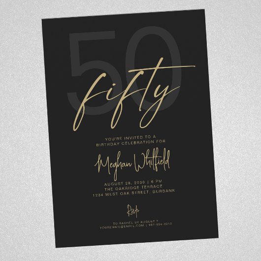 Invitation Écriture dorée Cinquante Moderne Noir Fête d'anniv