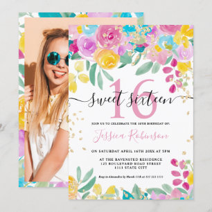 Invitation Écriture dorée rose jaune printemps Sweet 16