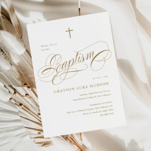 Invitation Écriture Élégante Calligraphie Or Neutre Baptême