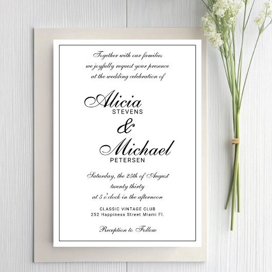 Invitation Écriture élégante classique mariage noir et blanc