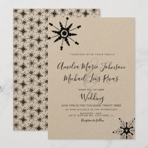 Invitation Écriture Élégante Flocons de Neige Noirs Mariage d