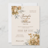 Invitation Écriture élégante mariage floral or (Devant)