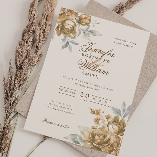 Invitation Écriture élégante mariage floral or