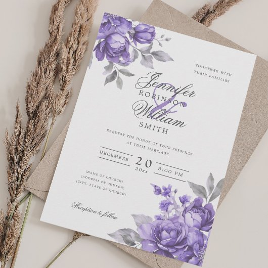 Invitation Écriture élégante mariage floral pourpre rustique