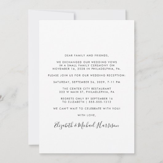 Invitation Écriture Élégante  Photo Réception de Mariage (Dos)