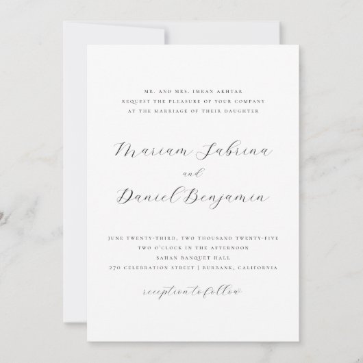 Invitation Écriture Élégante Simple Mariage Noir et Blanc (Devant)