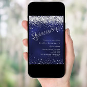 Invitation Écriture en argent bleu marine élégante Quinceaner