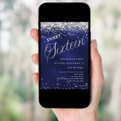 Invitation Écriture en argent bleu marine élégante Sweet 16
