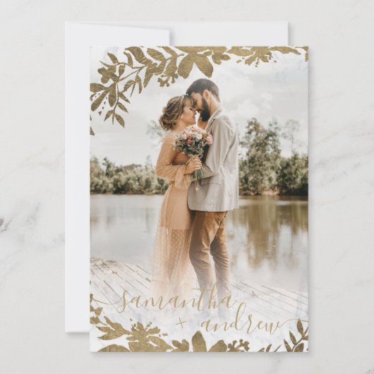 Invitation Écriture en marbre floral or chic 5 photos mariage (Devant)