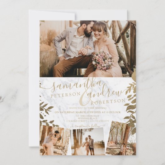 Invitation Écriture en marbre floral or chic 5 photos mariage (Dos)