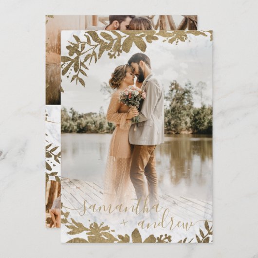 Invitation Écriture en marbre floral or chic 5 photos mariage (Devant / Derrière)