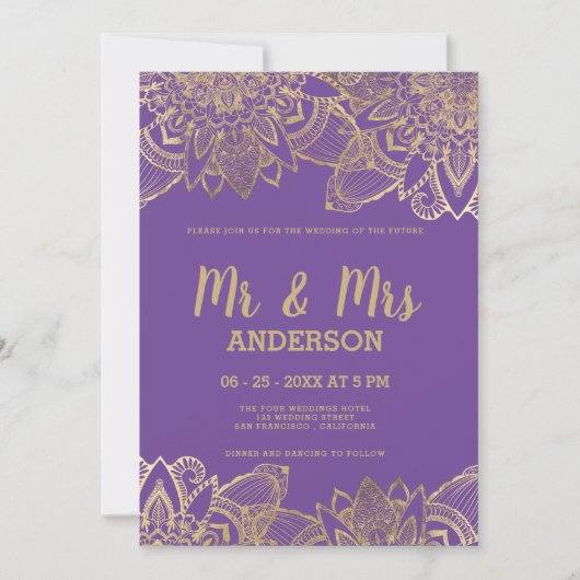Invitation Écriture en or violet chic MR MRS mandala Mariage (Devant)