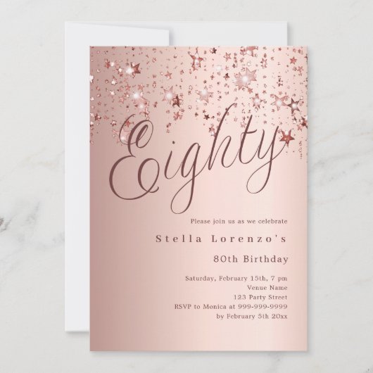 Invitation Écriture étoile or rose 80e anniversaire (Devant)