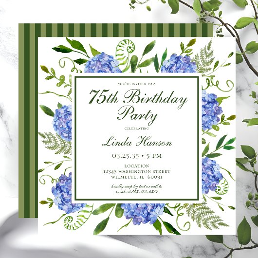 Invitation Écriture Fleurs d'Hydrangea Bleues 75e Anniversair