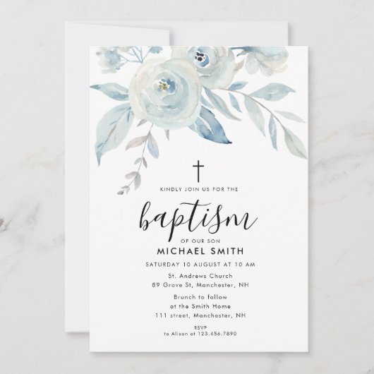 Invitation écriture florale bleue baptême (Devant)