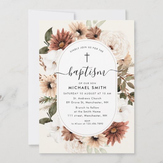 Invitation écriture florale boho baptême (Devant)