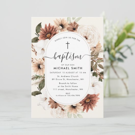 Invitation écriture florale boho baptême (Debout devant)