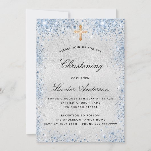 Invitation Écriture garçon bleu argenté (Devant)