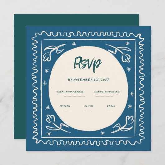 Invitation Écriture manuscrite bleu Verre Mariage rétro Rsvp (Devant / Derrière)