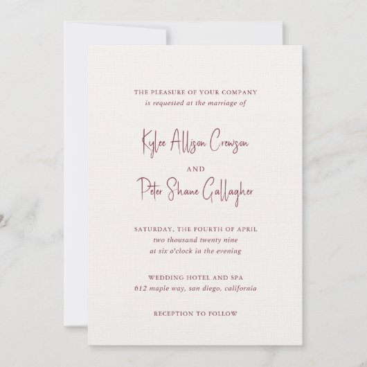 Invitation Écriture manuscrite Burgundy moderne Mariage éléga (Devant)