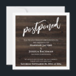 Invitation Écriture manuscrite Mariage reporté Rustic Wood Ca<br><div class="desc">Cette conception comporte une police de script manuscrite moderne utilisée pour créer un graphique représentant le mot "reporté", grand et gras. L'arrière - plan était recouvert d'un graphique rustique en bois avec des planches horizontales en bois. Pour ajouter un effet audacieux, j'ai placé une épaisse bordure blanche autour des bords...</div>