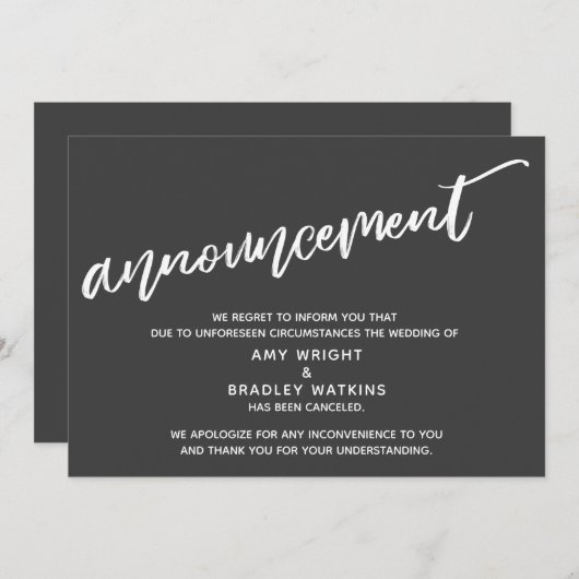 Invitation Écriture manuscrite moderne Annulé Mariage gris fo (Devant / Derrière)