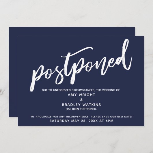 Invitation Écriture manuscrite moderne Mariage reporté bleu m (Devant / Derrière)