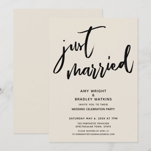 Invitation Écriture manuscrite Tout juste mariés Crème Récept (Devant / Derrière)