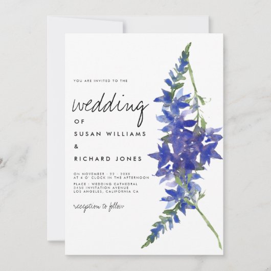 Invitation Écriture manuscrite violet bleu mariage floral (Devant)