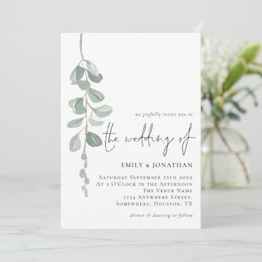Invitation Écriture minimaliste Eucalyptus Mariage (Debout devant)