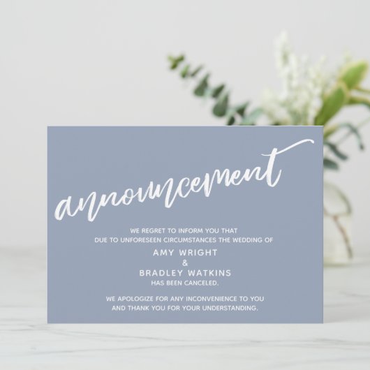 Invitation Écriture moderne Annulation de mariage Bleu poussi (Debout devant)