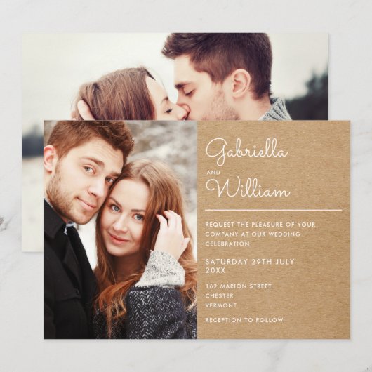 Invitation Écriture moderne Kraft rustique 2 Photo Mariage (Devant / Derrière)